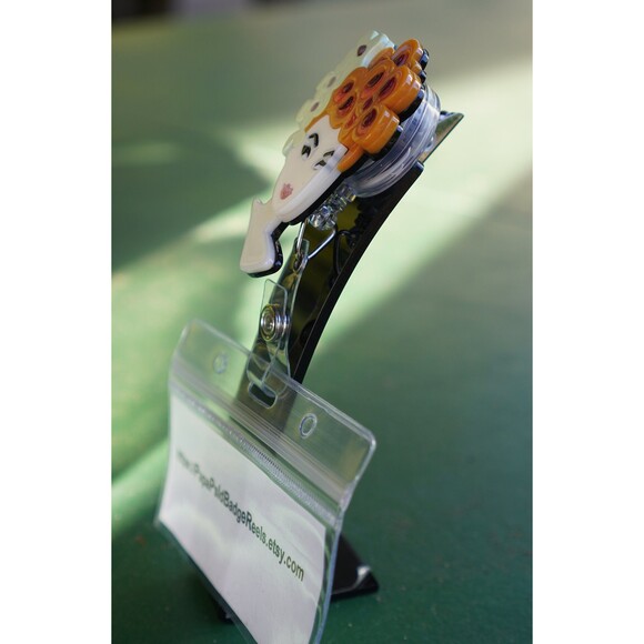 Acrylic Cute Curly Hair Girl Retractable ID Badge Reel ID Holder. - Picture 3 of 4